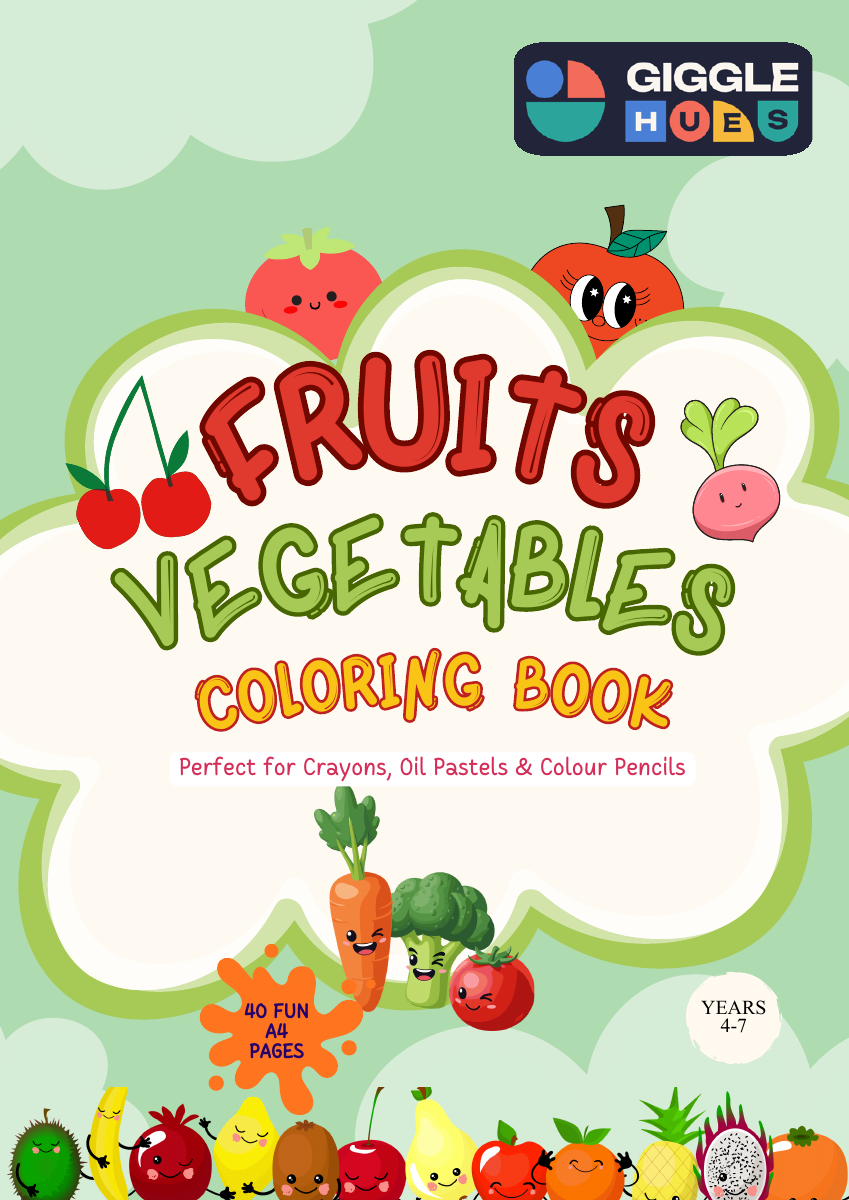 Giggle Hues Fruits & Vegetables printable colouring book cover with colourful fruit and vegetable characters