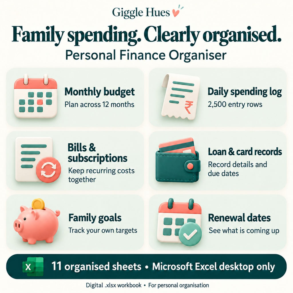 Personal Finance Organiser features with icons: monthly budget, 2,500-row daily spending log, bills and subscriptions, loan and card records, family goals and renewal dates. Microsoft Excel desktop only.