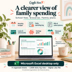 Family budget planner for Microsoft Excel desktop with monthly budgets, daily spending, bills, goals and renewal dates; illustrative workbook preview.