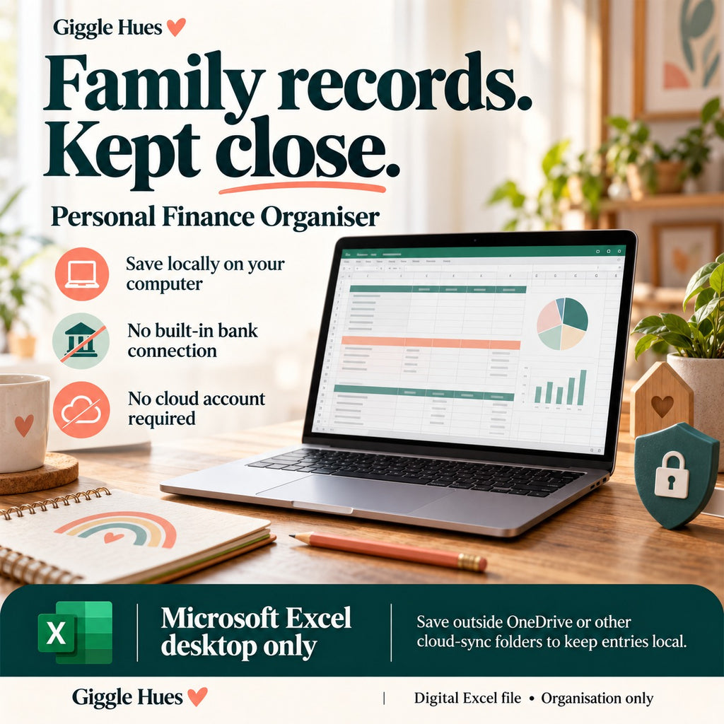 Personal Finance Organiser for Excel desktop: save household records locally outside cloud-sync folders; no built-in bank connection or cloud account required.